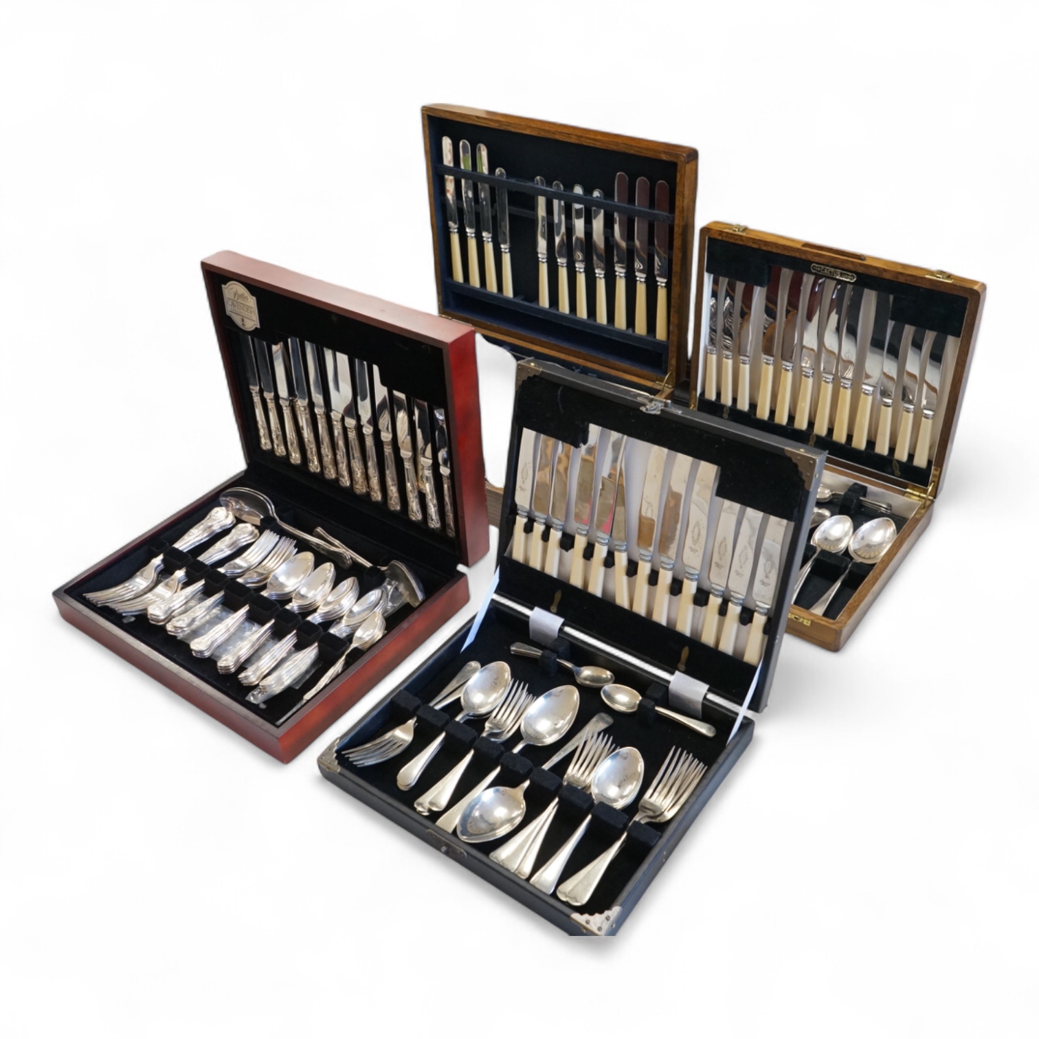 Four cased canteens of silver plated flatware including Kings pattern and Mappin plate